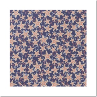 Seastar starfish pattern. Coral brown light blue sea stars on a dark blue background. Layered style. Posters and Art